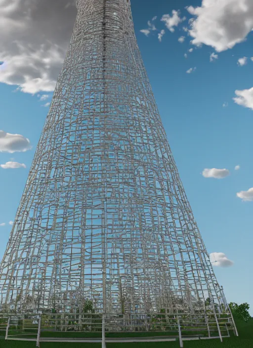 Image similar to highly detailed realistic architecture 3 d render of a stele shukhov tower with rouble icon inside standing in a city park, archdaily, made in unreal engine 4 octane render