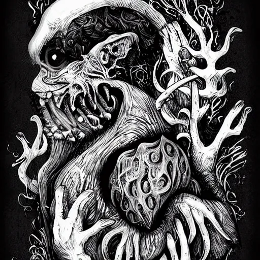 Image similar to black and white illustration creative design, monster, body horror