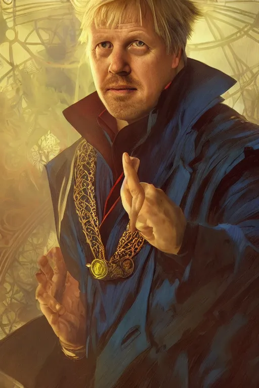 Prompt: Boris Johnson as Dr. Strange, highly detailed character in digital fantasy, painted portrait, artstation, concept art, hard focus, illustrations, works by Artgerm and Greg Rutkowski, Alphonse Mucha and Craig Mullins, James Gene, Andrey Ryabovichev, Mark Simonetti and Peter Morbacher, 16 thousand