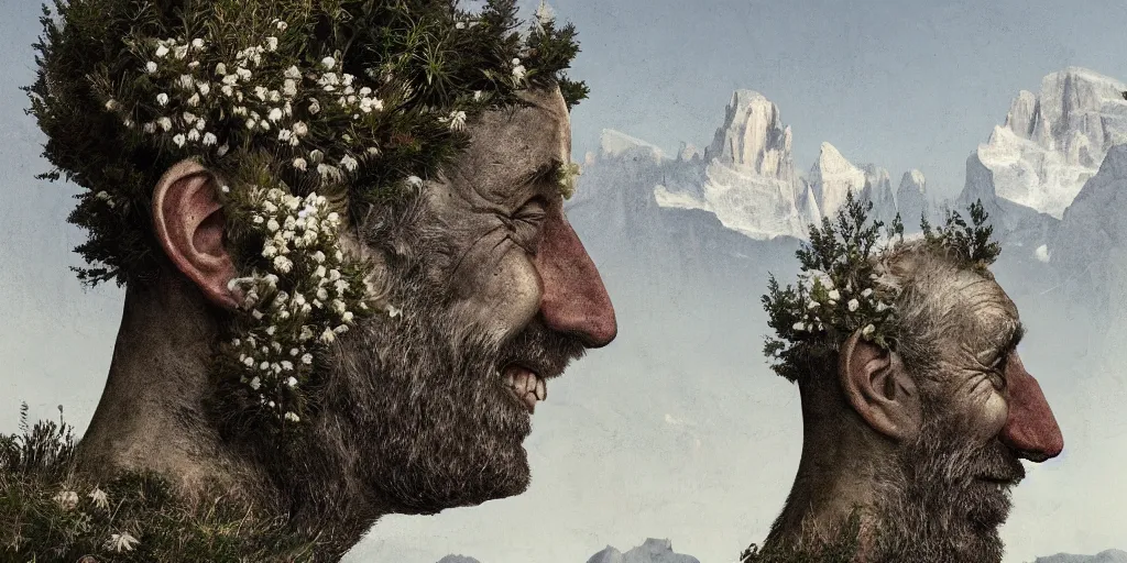 Image similar to old alpine famers head being overgrown by edelweiss, smiling, dolomites in background, dark, eerie, despair, portrait photography, artstation, digital art, adward winning, concept art, artstation, highly detailed, sharp focus, by caravaggio