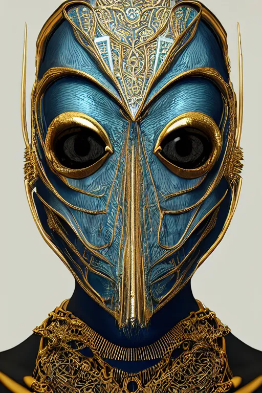 Image similar to symmetric hyper realistic elegant alien portrait, blue metallic skin, jewelry intricate details, unreal engine5, octane, with a gold filigree mask