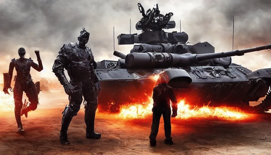 Image similar to Big budget movie about a cyborg demon fighting a tank