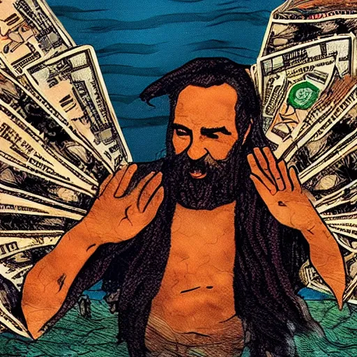 Prompt: dystopian Moses parting a sea made of dollar bills