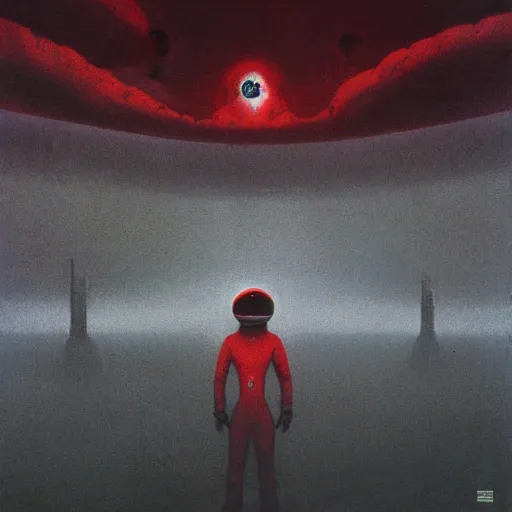 Image similar to ultra realistic, astronaut looking up at big eerie hell cathedral on a destroyed planet, Zdzisław Beksiński style, black and red background, occult, photo realistic, dark atmosphere