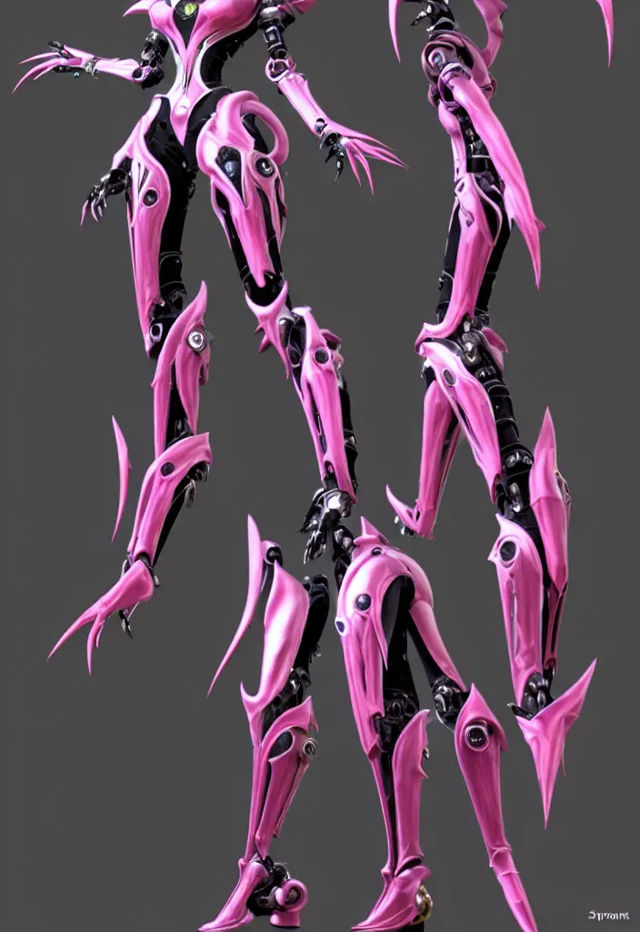 Image similar to exquisite full body shot of a beautiful stunning saryn prime warframe, that's a beautiful stunning anthropomorphic robot female dragon with metal cat ears, cute elegant pose, robot cat paws for feet, thick warframe legs, detailed arms, sharp claws, slick pink armor, streamlined white armor, long elegant tail, two arms, two legs, long tail, detailed warframe fanart, destiny fanart, macro art, dragon art, furry art, realistic digital art, warframe art, Destiny art, furaffinity, DeviantArt, artstation, 3D realistic, 8k HD, octane render