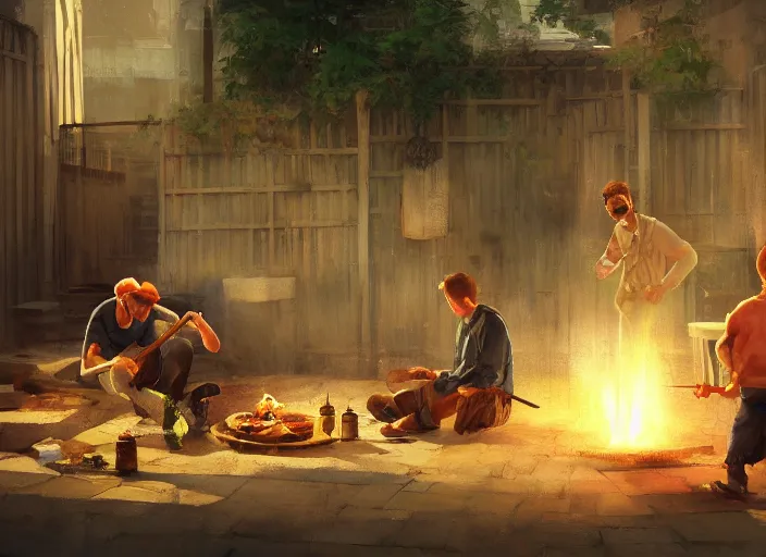 Image similar to three guys in night at the yard speaking while grilling kebabs and one guy playing guitar, light bulbs, painting by Craig Mullins, octane rendering, soft morning lighting, wide angle lens, in the style of Hayao Miyazaki, trending on artstation,