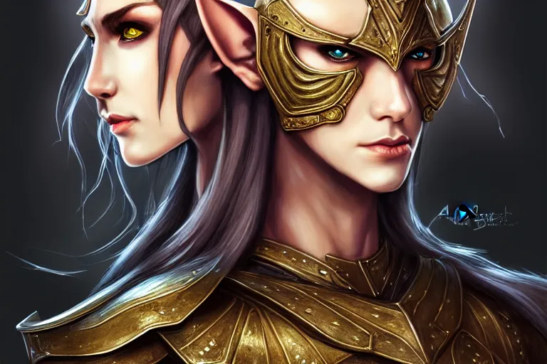 Image similar to head and shoulders portrait of an eldritch knight, elf, beautiful, female, breastplate, magical, high fantasy, d & d, by artgerm, face details, extremely detailed, digital illustration