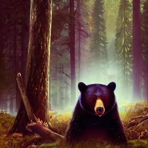 Prompt: dark scene of a bear, surrounded by glowing eyes in the forest, realistic shaded lighting poster by ilya kuvshinov katsuhiro otomo, magali villeneuve, artgerm, jeremy lipkin and michael garmash and rob rey