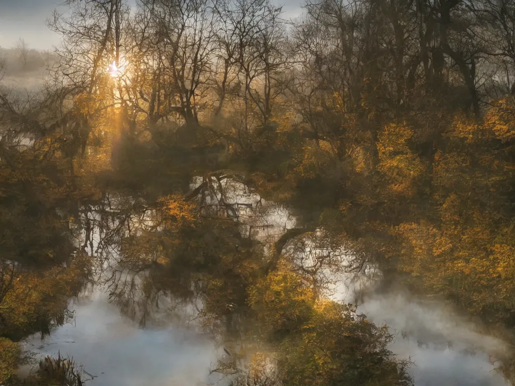 Image similar to A landscape photo taken by Kai Hornung of a river at dawn, misty, early morning sunlight, cold, chilly, two swans swim by, rural, English countryside