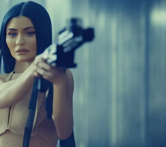 Image similar to a movie still of kylie jenner as joi aiming a gun at ryan gosling in the movie blade runner 2 0 4 9