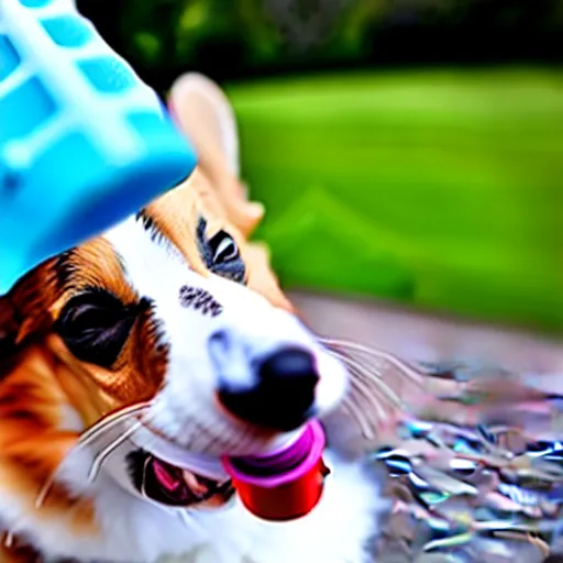 Prompt: a photo of a corgi licking a popsicle