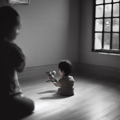 Image similar to a woman from behind, eye-level shot, in a dimly lit room, looking at her child playing with toys, the scene is lit by a small window to the right of the woman, cinestill 800t, dark atmosphere