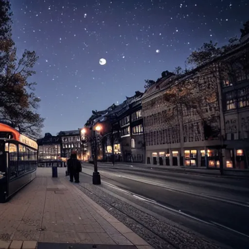 Prompt: a ghost is waiting for a bus at a bus stop in stockholm during the night under moonlight