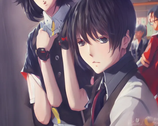 Image similar to boy's love anime high school scene setting, high detail, perfect proportions, realistic shaded lighting poster ilya kuvshinov katsuhiro, raden saleh, loish style, trending on art station - h 6 4 0