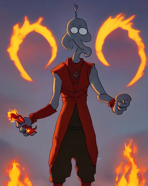 Image similar to squidward with [ [ [ [ [ [ four legs ] ] ] ] ] ] wearing fire nation clothing and practicing firebending outside at susnset, [ greg rutkowski ]