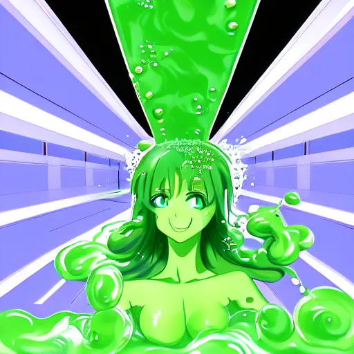 Prompt: a beautiful green slimegirl woman emerging from the center of a pool of slime in a bright white hallways, anime key visual