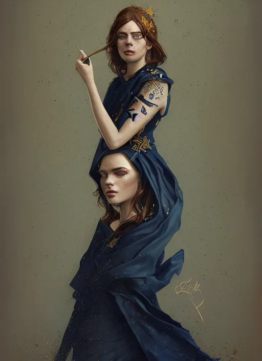 Image similar to portrait of a woman with green eyes and freckles, dressed in a navy blue gown with gold embroidered details, auburn hair, detailed face, fantasy, highly detailed, cinematic lighting, digital art painting by greg rutkowski