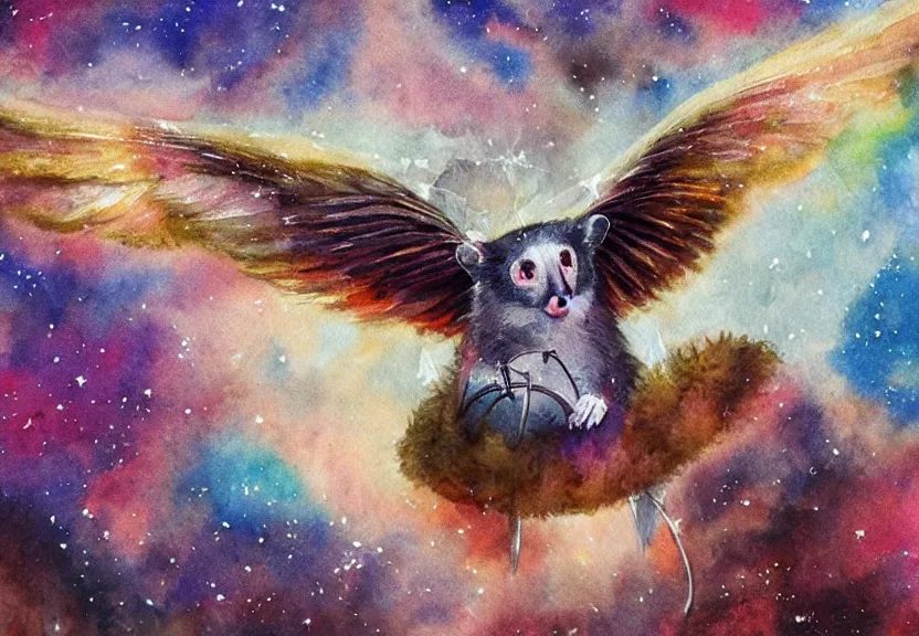 Image similar to legendary colorful winged possum flying over a medieval castle at night under the dark starred sky, dark fantasy, watercolor, dreaming illusion, highly detailed, 4k, trending on Artstation