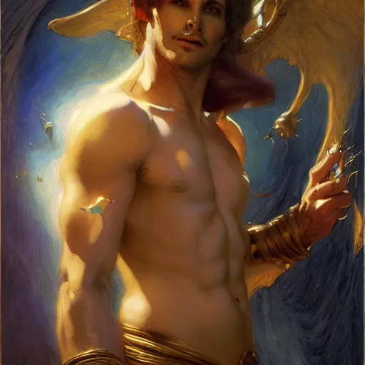 Image similar to attractive male lucifer morning star casting a spell summoning male demons, they rise from down bellow. highly detailed painting by gaston bussiere, craig mullins, j. c. leyendecker, 8 k