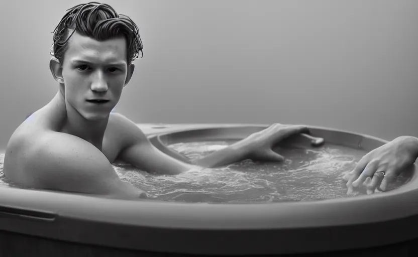 Image similar to photographic portrait by Annie Leibovitz of Tom Holland in a hot tub, foggy, sepia, moody, dream-like, sigma 85mm f/1.4, 15mm, 35mm, 4k, high resolution, 4k, 8k, hd, full color