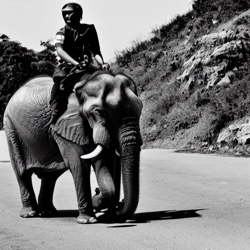 Image similar to picture of elephant riding a motorcycle, white and black, national geographic, award winning