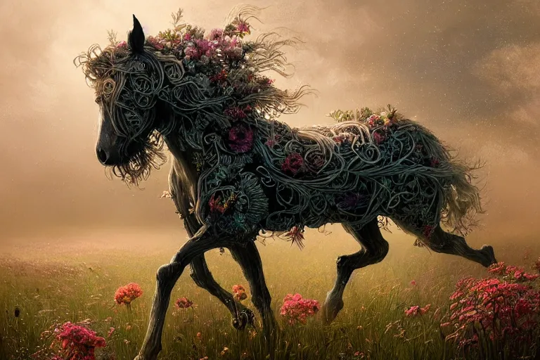 Prompt: a stunning digital painting of a horse made of intricately engraved gnarled wood with a mane of bioluminescent flowers running through a field of flowers by greg rutkowski, flowercore, volumetric light, digital art, fine detail, photorealistic