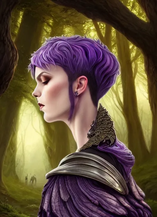 Image similar to side portrait beautiful german woman, adventurer outfit large cloak, fantasy forest landscape, dragon scales, fantasy magic, undercut hairstyle, short purple black fade hair, dark light night, intricate, elegant, sharp focus, illustration, highly detailed, digital painting, concept art, matte, art by wlop and artgerm and ivan shishkin and andrey shishkin, masterpiece