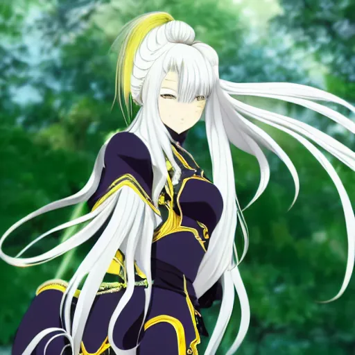 Prompt: long white hair in ponytail, tall, green and gold clothed, flower, genshin impact style, anime, 3 d anime portrait