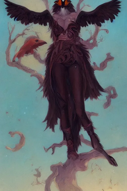 Image similar to Crow fursona by Peter Mohrbacher in the style of Gaston Bussière, Art Nouveau