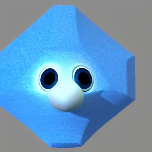 Prompt: 3D blender render of a cute, simplistic cyan crystal character with two blue hexagon eyes and a blue triangle mouth