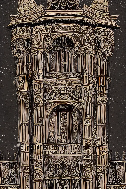 Prompt: ancient silver tower of the moon, fairytale illustration, elaborate carved wood balconies, tall windows, formal gardens, dramatic cinematic lighting, beautiful moths, soft colors, golden age illustration