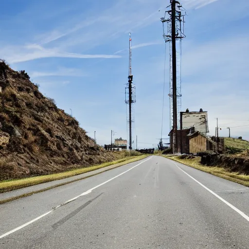 Prompt: a road next to warehouses, and a hill behind it with a radio tower on top