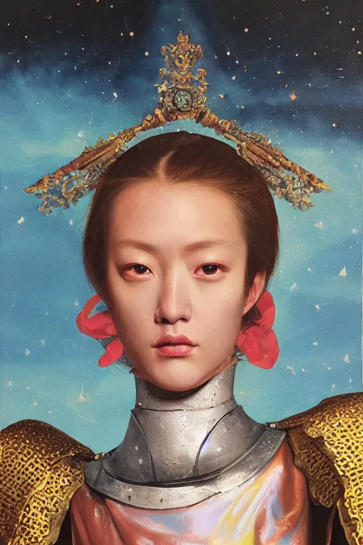 Image similar to hyperrealism oil painting, close-up portrait of medieval fashion model, knight, steel gradient mixed with nebula sky, in style of baroque mixed with 70s japan book art