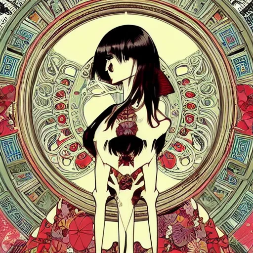 Image similar to anime manga skull portrait girl female skeleton hair illustration detailed ballon emoji patterns in background art Geof Darrow and Phil hale and Ashley wood and Ilya repin alphonse mucha pop art nouveau