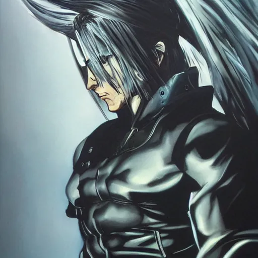 Prompt: a painting of sephiroth by yoji shinkawa, metal gear solid artwork, strong lines and bold colors, limited color palette, atmosphere and tension, japanese, trending on artstation