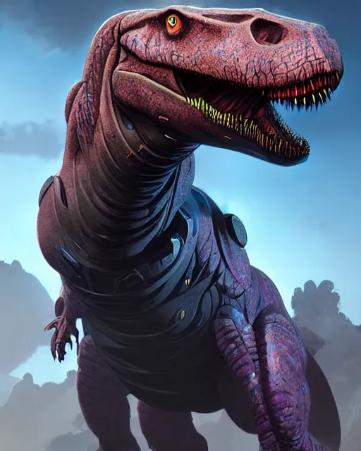 Prompt: trex as an apex legends character digital illustration portrait design by, wayne barlowe detailed, gorgeous lighting, wide angle action dynamic portrait octane render