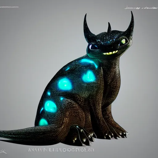 Prompt: realistic miniature of bioluminescent toothless, studio shot, 1 0 0 mm, hyper realism, intricate, digital art, detailed, high definition, smooth, sharp focus