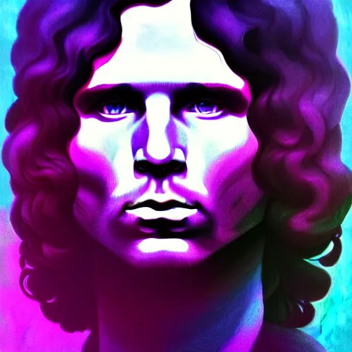 Image similar to An extremely psychedelic portrait of Jim Morrison, surreal, LSD, face, detailed, intricate, elegant, lithe, highly detailed, digital painting, artstation, concept art, smooth, sharp focus, illustration