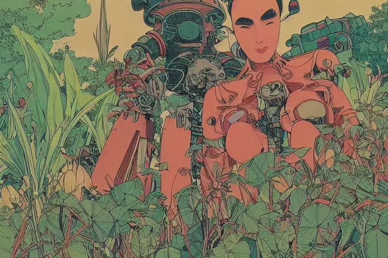 Image similar to gigantic woman head, a lot of exotic vegetation around, trees, tremendous mecha robot, flowers, risograph!, oldschool vintage sci - fi flat surreal design, super - detailed, painting by moebius and satoshi kon