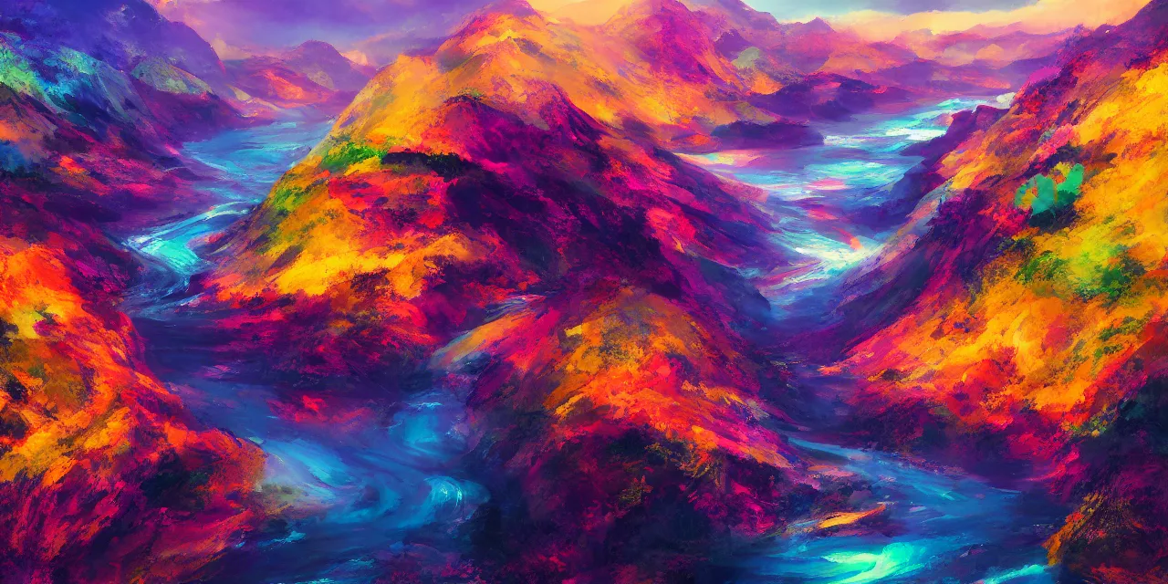 Prompt: a colorful beautiful painting of a sence about a panorama of rivers and mountains, by liam wong and yuumei and yanjun chen, trending on artstation