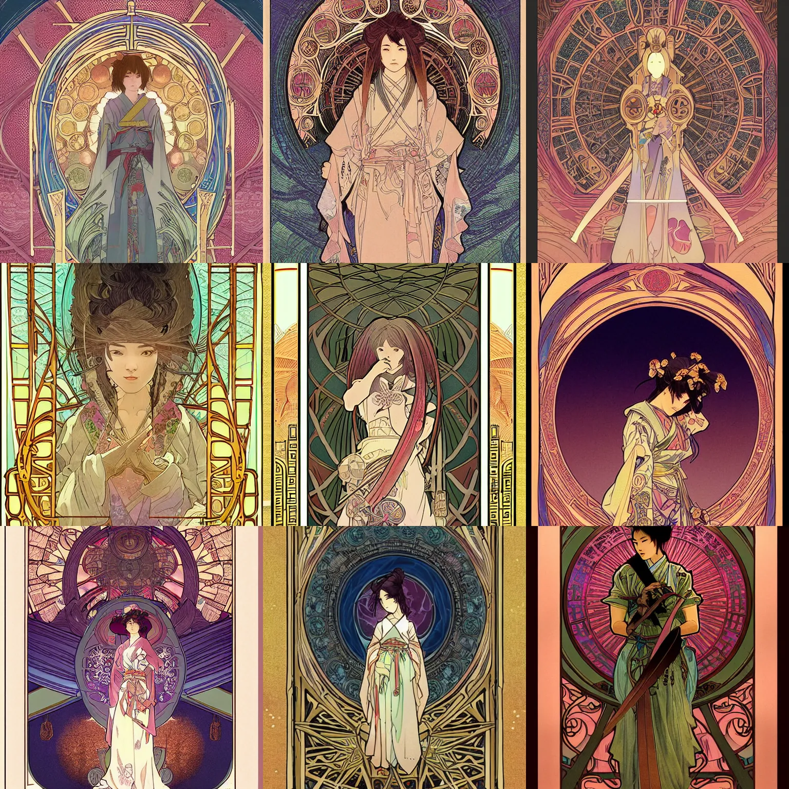 Prompt: the portal of salvation mystical japanese architecture hyperrealistic detail line work lady samurai ethereal character concept art wide angle shot muted colors cinematic lighting detailed and intricate style of alphonse mucha and moebius tarot card art print