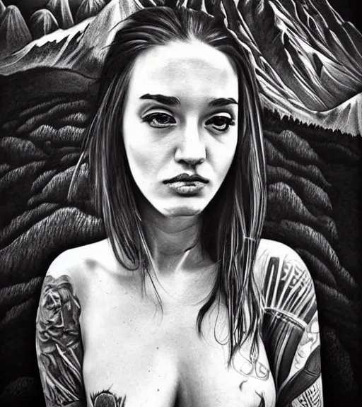 Image similar to a beautiful woman face against a background of beautiful mountains, tattoo design sketch, amazing blend effect, hyper - realistic, in the style of matteo pasqualin, amazing detail, black and white