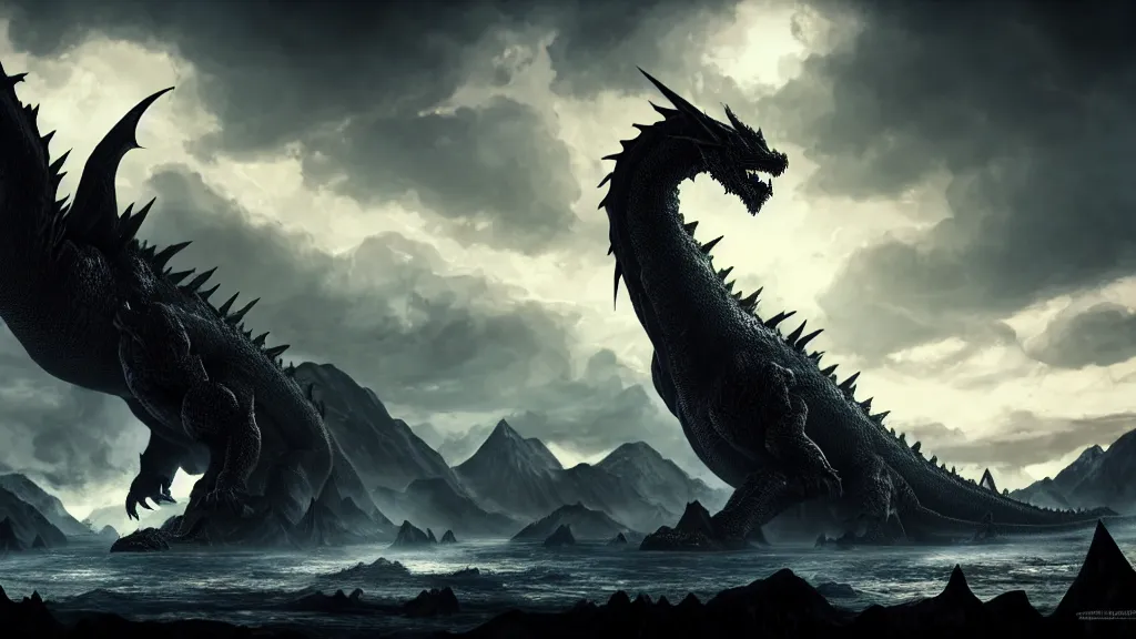 Prompt: Ancalagon the black, the biggest dragon that ever lived, over towering the huge mountains of Thangorodrim, single dragon, landscape wide shot, epic, cinematic lighting, Unreal Engine 5, film key art, Bloom, dramatic lighting, cg artist