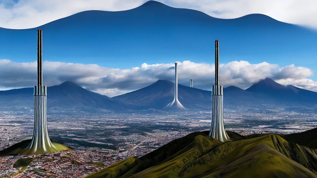 Prompt: Epic Nuclear power towers gracefully over the mountain valley of Quito, Ecuador; by Oswaldo Moncayo and Vincent Callebaut; Location: Quito Ecuador 4K, 8K; Ultra-Realistic Depth Shading
