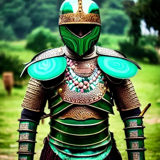 Image similar to photo of a real-life beautiful warrior with malachite armour