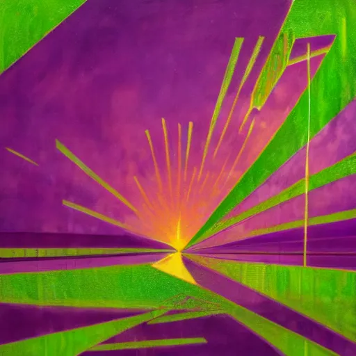 Prompt: a piece of purple sky with a green sun falls to the ground and breaks into fragments, metallic bridge, futurism, schizophrenia, hyperrealistic fall