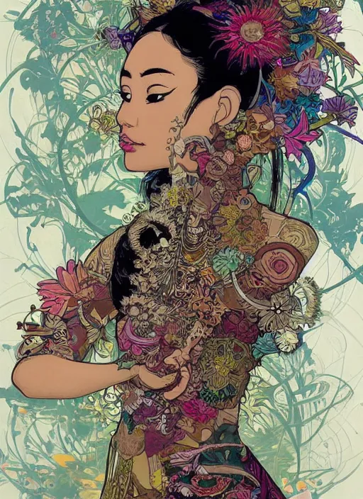 Prompt: !!! very coherent!!! beautiful floralpunk balinese cyborg portrait girl female illustration detailed patterns art of bali traditional dress, flower pop art, floral splash painting, art by geof darrow, ashley wood, alphonse mucha, makoto shinkai, dark shadow, colorful high contrast