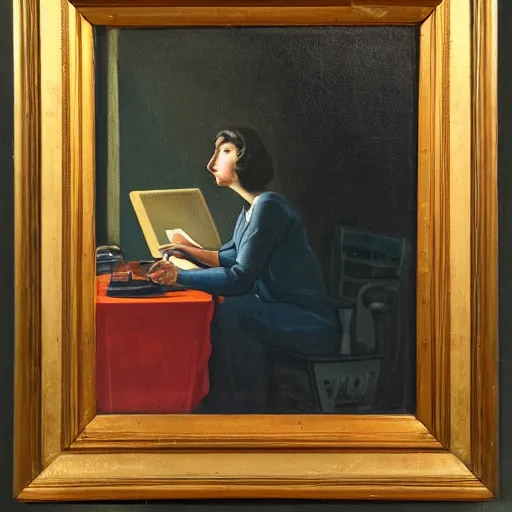 Prompt: 2 0 th century painting of a woman gazing contemplatively at a computer