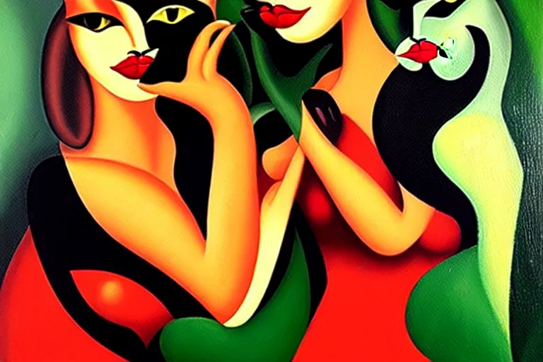 Image similar to a painting of two cats with red lips ina an emerald city, an art deco painting by tamara lempicka, featured on deviantart, figurative art, art deco, detailed painting, airbrush art