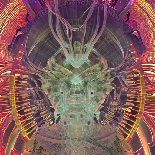 Prompt: ultra detailed scifi design of the shaman king in a generative 3D style, fungal, mycelium, intricate concept art, triadic color scheme, by alphonse mucha and Mandelbrot, octane render, 4k